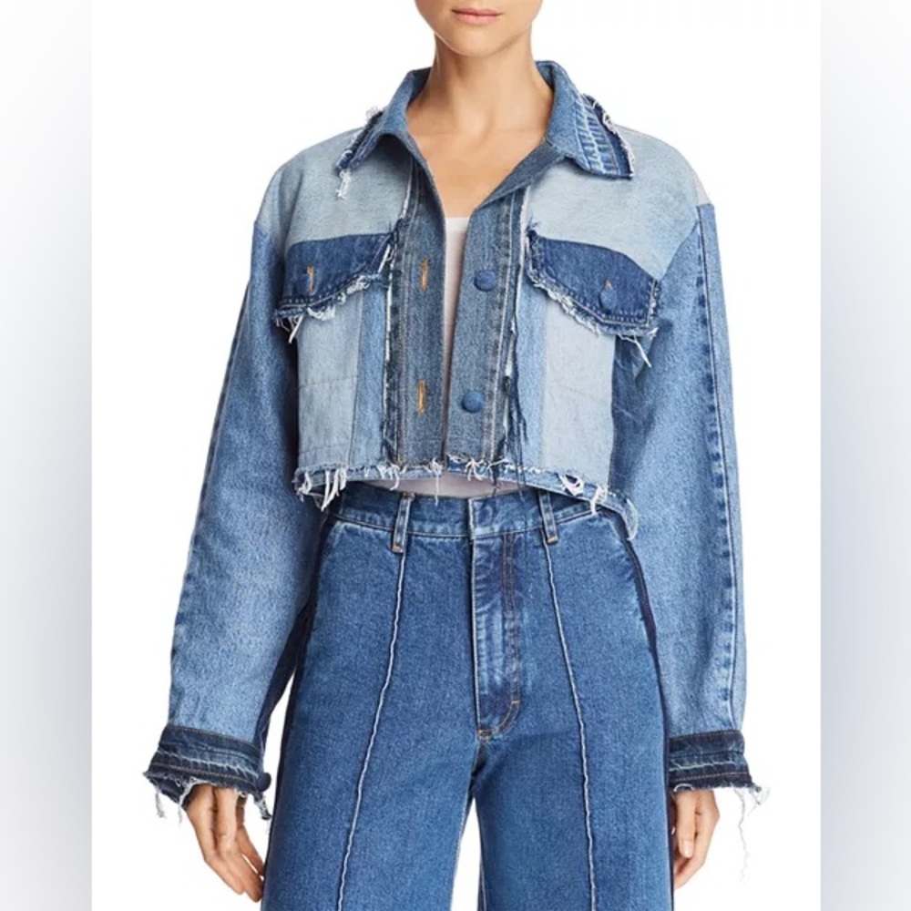 NEW Ksenia Schnaider Cropped Patchwork Denim Jacket, XS